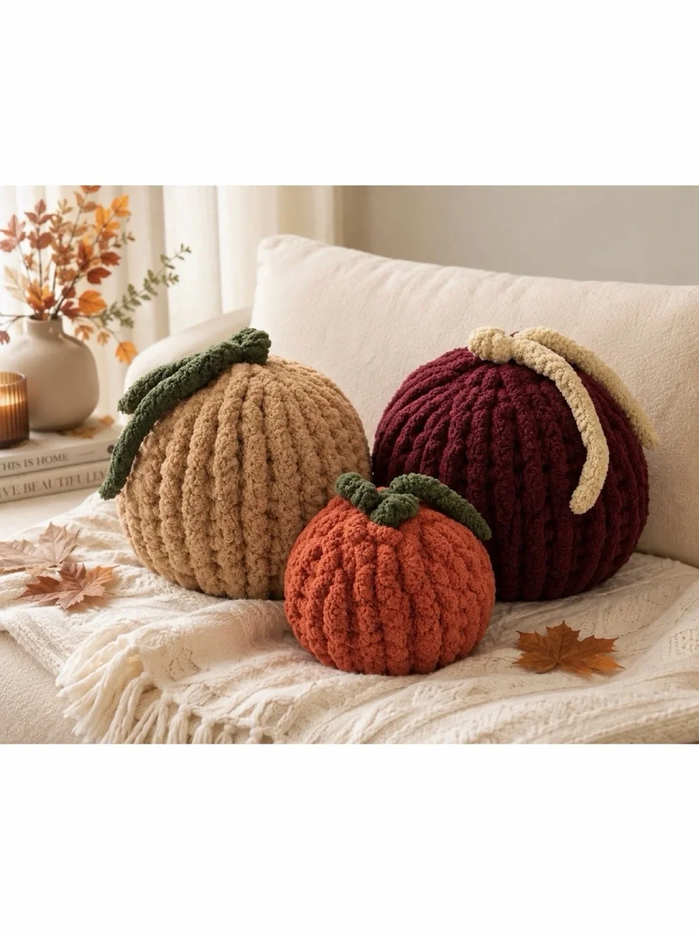 (Set of 3) Cozy Chunky Knit Crochet Fall Autumn Decorative Pumpkin Pillows